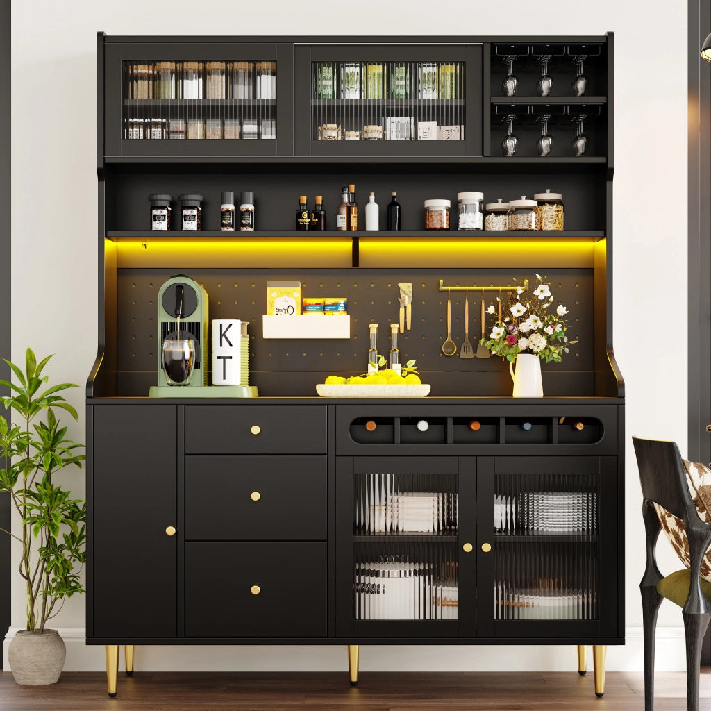 Credenza Alta con Ante Scorrevoli; Cassetto; Ripiani Regolabili e LED; per Cucina o Soggiorno; 145 x 39 x 171 cm; Nero