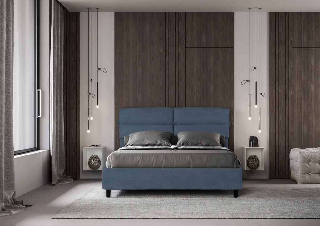 BS COM Letto matrimoniale senza rete imbottito 160x190 microfibra blu