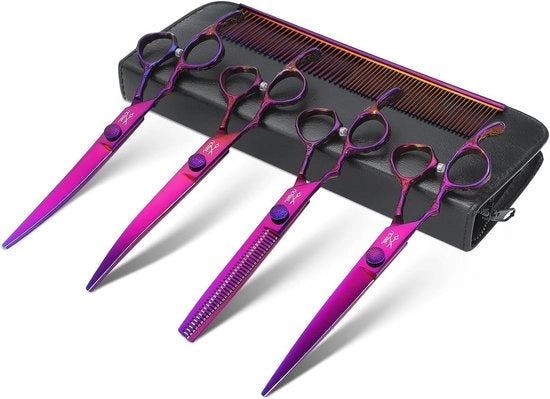 Set di forbici da gatto per parrucchiere professionale 6-in-1 - 16,5 cm sottile 17,8 cm rettilineo forbici 7 pollici curvate verso il basso e pettine per gatto gatto animale domestico