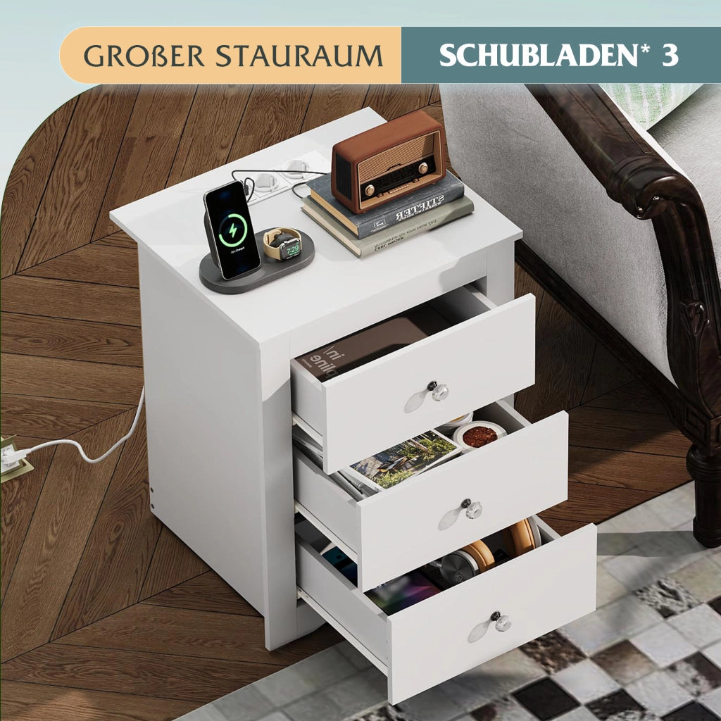 Comodino 3 Cassetti con Prese USB ¨C Zephmum ¨C Bianco 40x40x50 cm