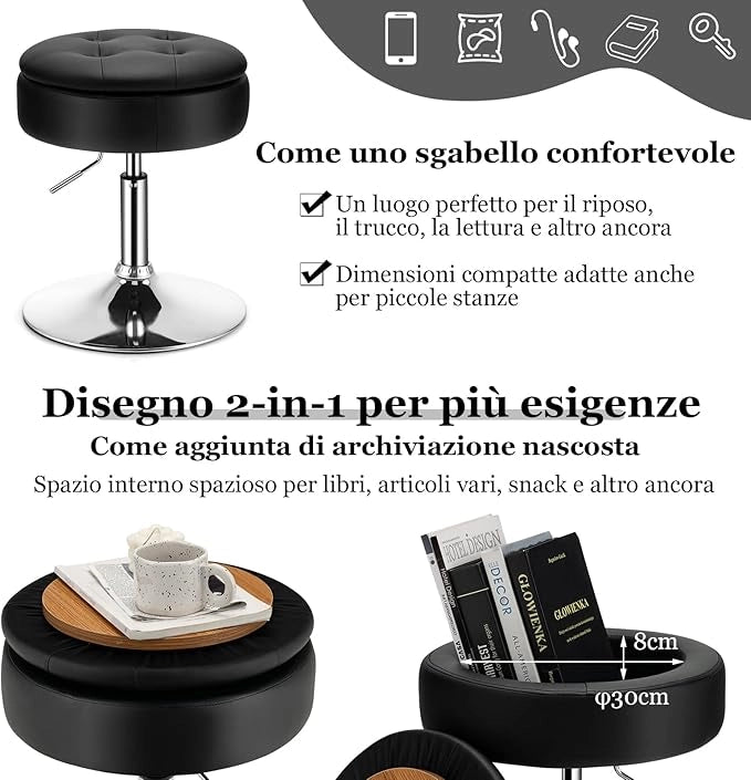 Sgabello Girevole Altezza Regolabile con Portaoggetti, Poggiapiedi Sgabelli da Trucco, Tavolino da Caffè, Sgabello da Lavoro Rotondo in Finta Pelle per Bar, Ufficio, Soggiorno, Camera (Nero)