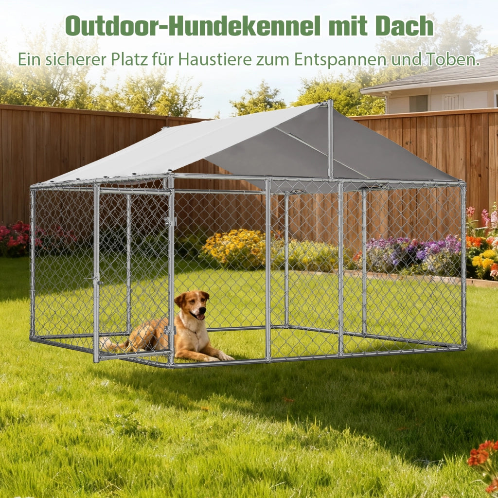 Recinto per cani con tetto 230 × 230 × 117 cm in acciaio zincato argento con porta bloccabile e copertura PE