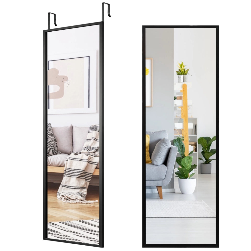 Specchio a figura intera per muro o porta con struttura in ferro, Specchio con 2 set di ganci regolabili Nero