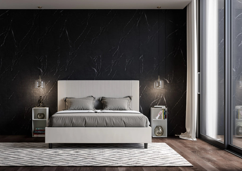 BS COM Letto matrimoniale con rete imbottito 160x200 similpelle bianco