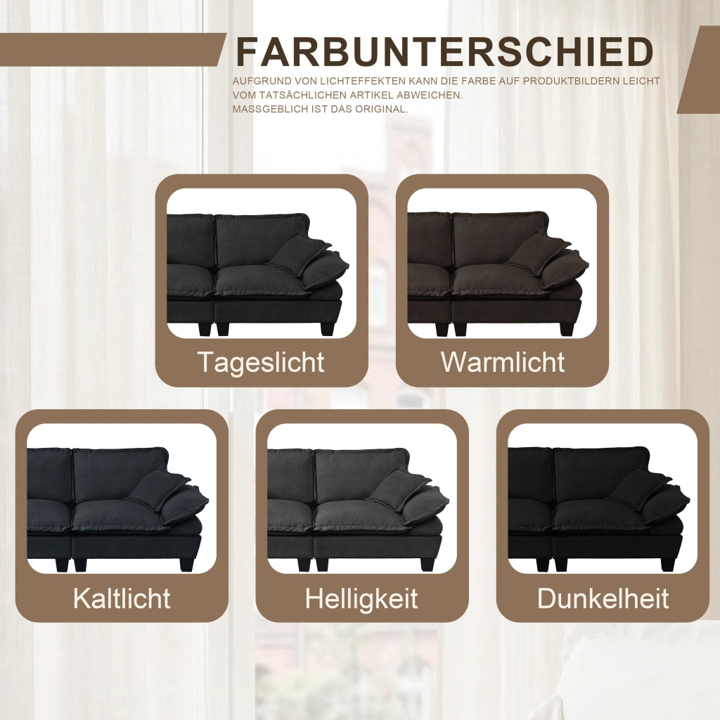Divano modulare a U con ottomane mobili e cuscini, rivestimento in chenille nero 263 × 151 × 90 cm