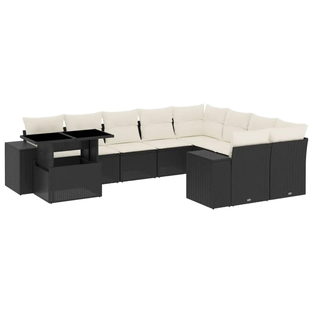 Set Divani da Giardino 10pz con Cuscini in Polyrattan Nero