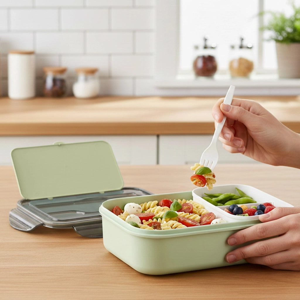 Contenitore per alimenti da 1,3 L CF-5031 con cucchiaio e forchetta Verde Cheffinger