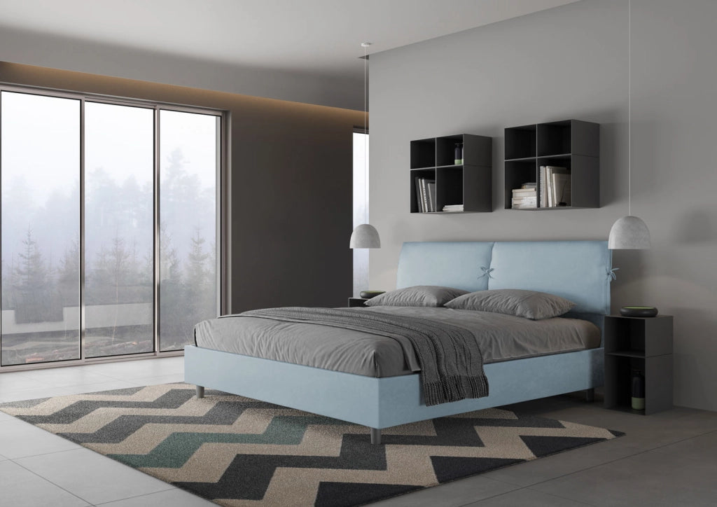 BS COM Letto matrimoniale king size senza rete imbottito 180x200 microfibra azzurro