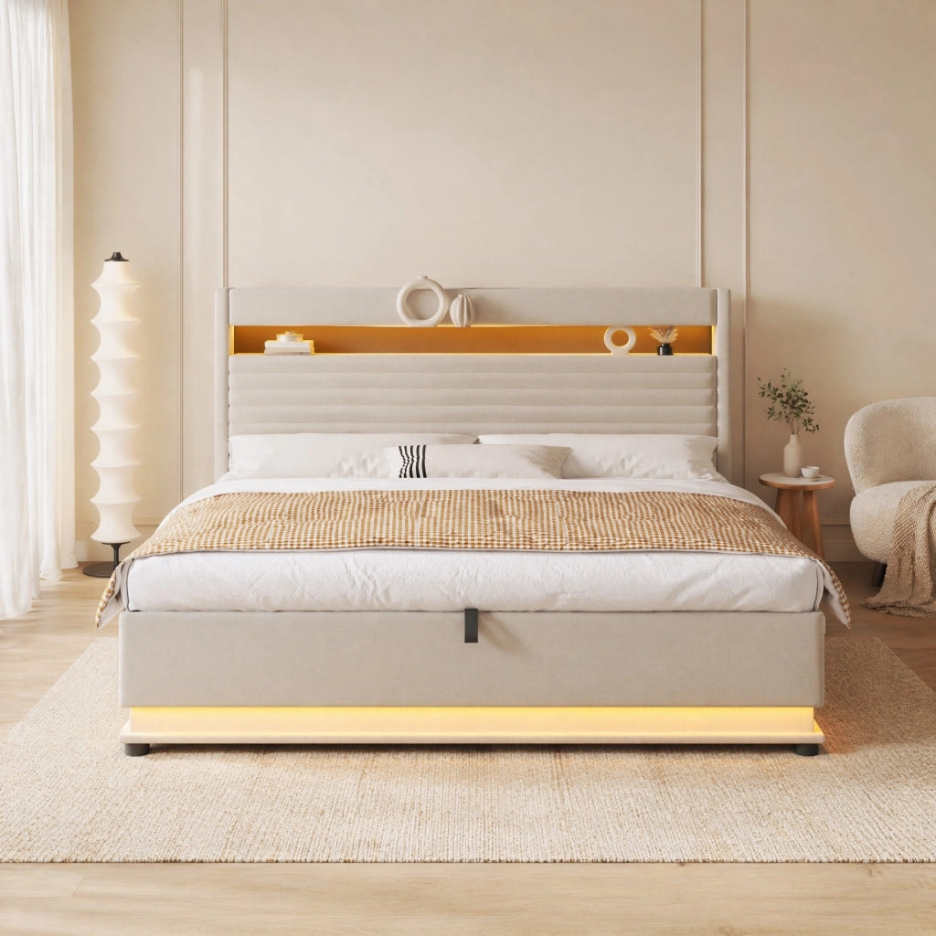 LETTO imbottito 180x200 cm in lino beige con LED, USB Type-C e vano contenitore