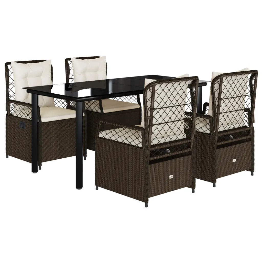 Set da Pranzo da Giardino 5pz con Cuscini in Polyrattan Marrone
