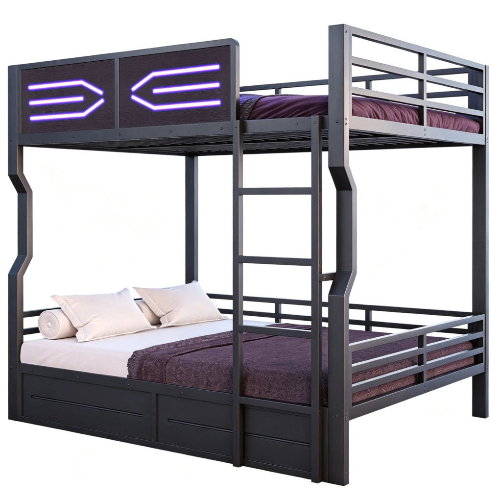 Letto a castello 140x200 cm con LED; scala laterale; in metallo e MDF; nero
