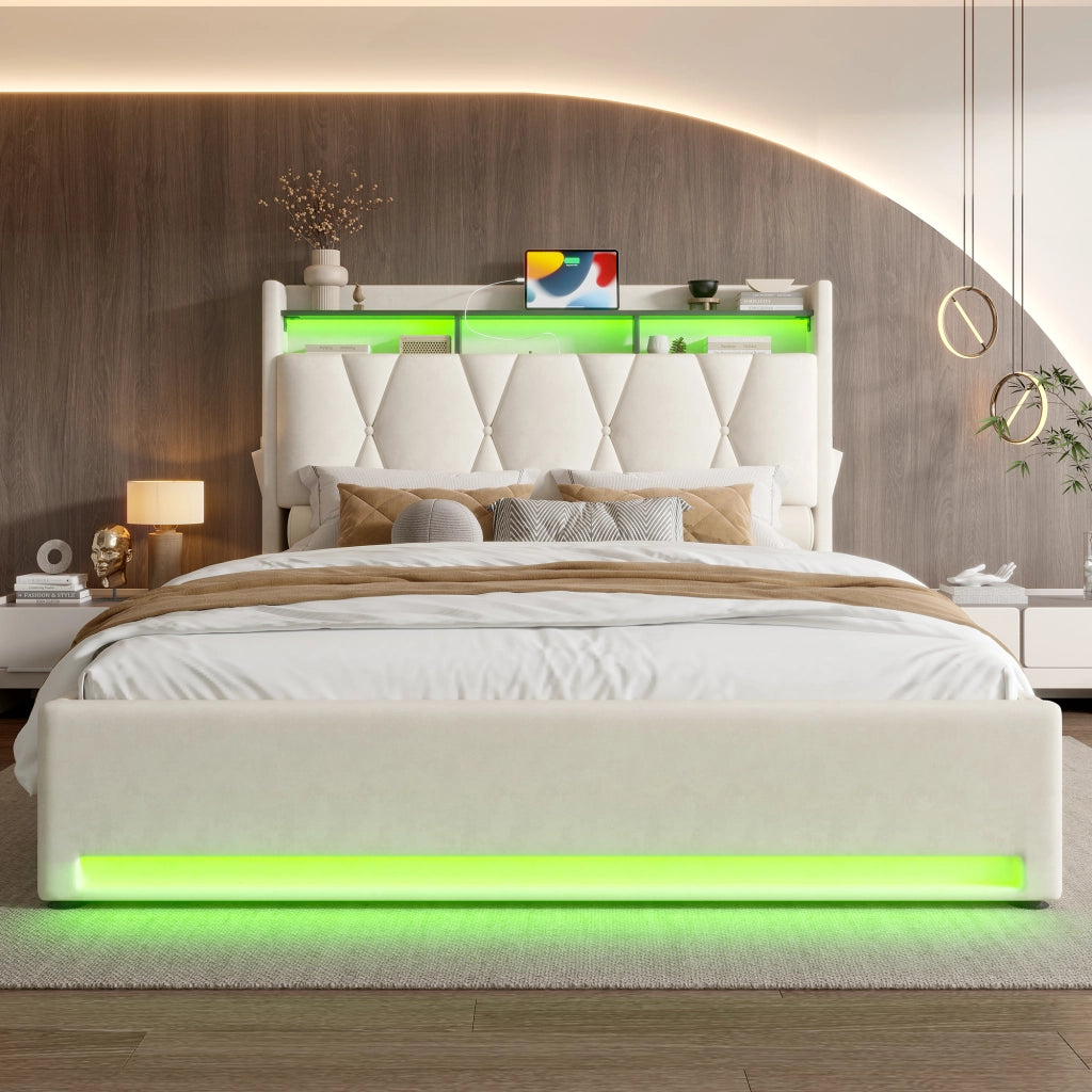 OKWISH Letto Contenitore 140×200 cm, Letto Matrimoniale con LED, USB, Type-C, Mensole e Testiera Ribaltabile, senza Materasso, Velluto Beige