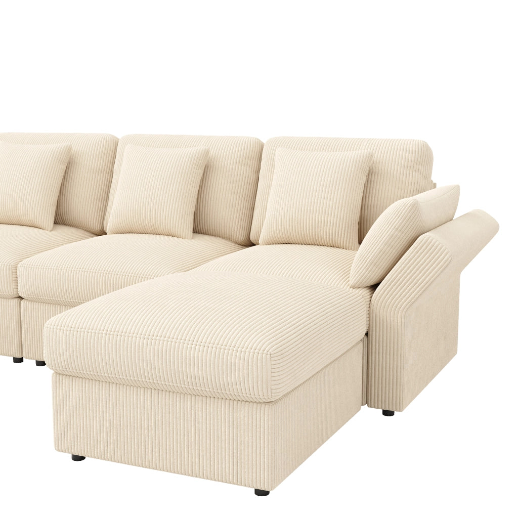 Divano angolare a U 4-6 posti con braccioli regolabili e pouf, in velluto a coste Beige