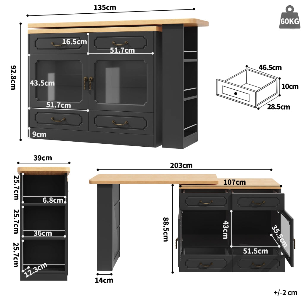 TAVOLO BAR Girevole 360° 135-203x39x92,8 cm Nero con LED