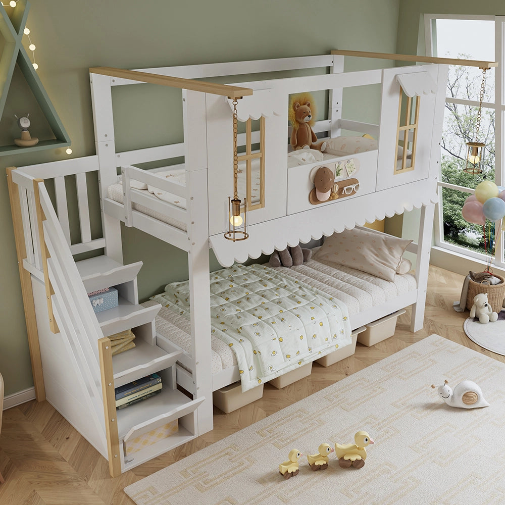 Letto a castello decorabile - Xylo - 90x200cm bianco/naturale, finestre