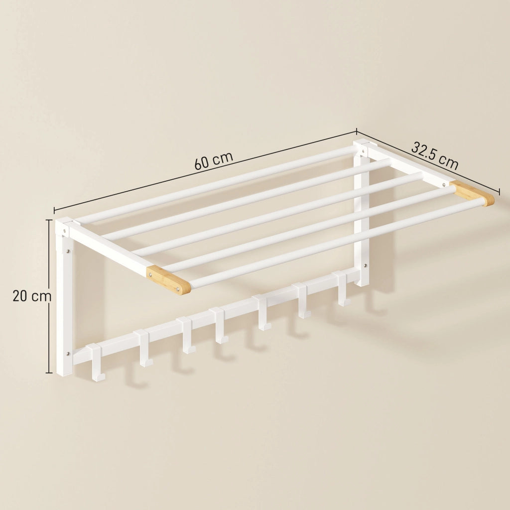 Portasciugamani a Parete Pieghevole ¨C Xylo ¨C Legno e Acciaio, 5 Barre, 6 Ganci, 60x32.5x20 cm, Bianco