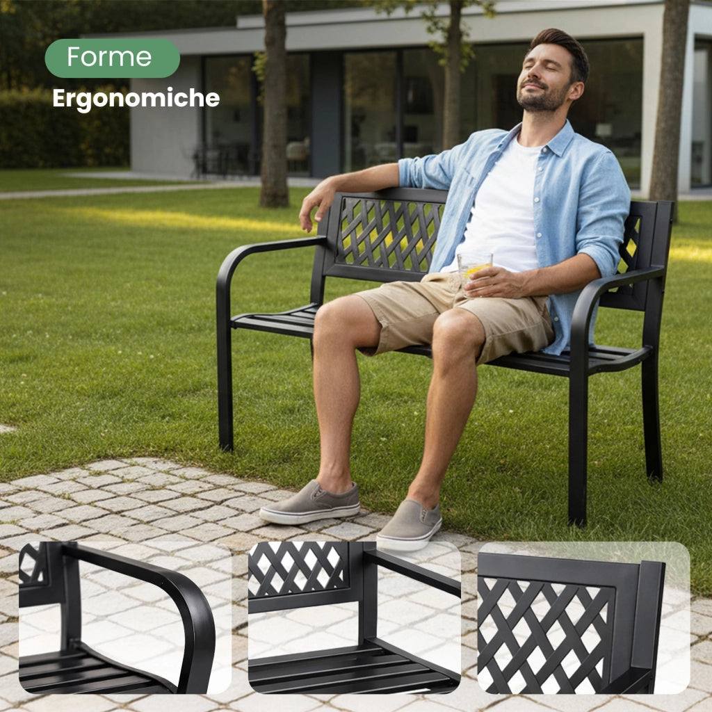 Panchina da giardino nera KALIA con gambe in acciaio larghezza 122 cm