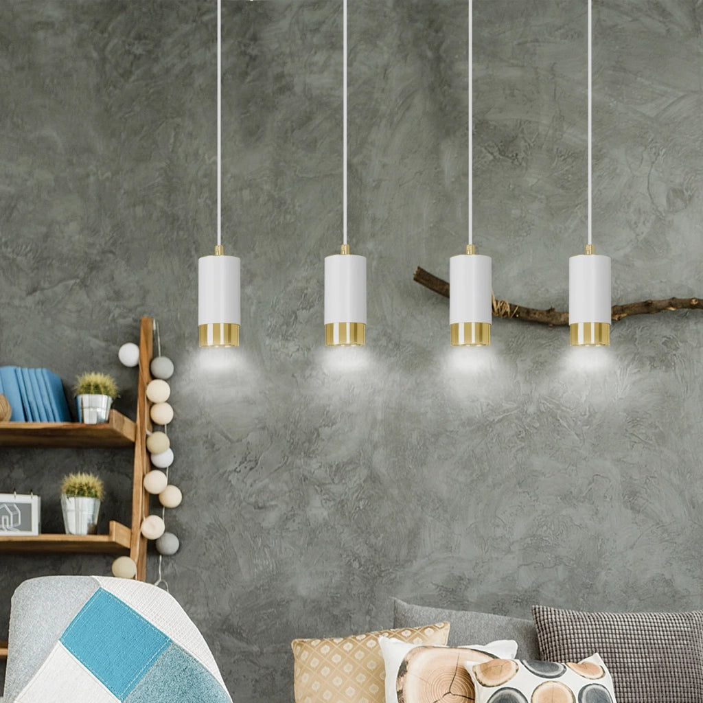 Lampadario 4 Luci Ivar Con Cilindri In Acciaio Bianco E Oro