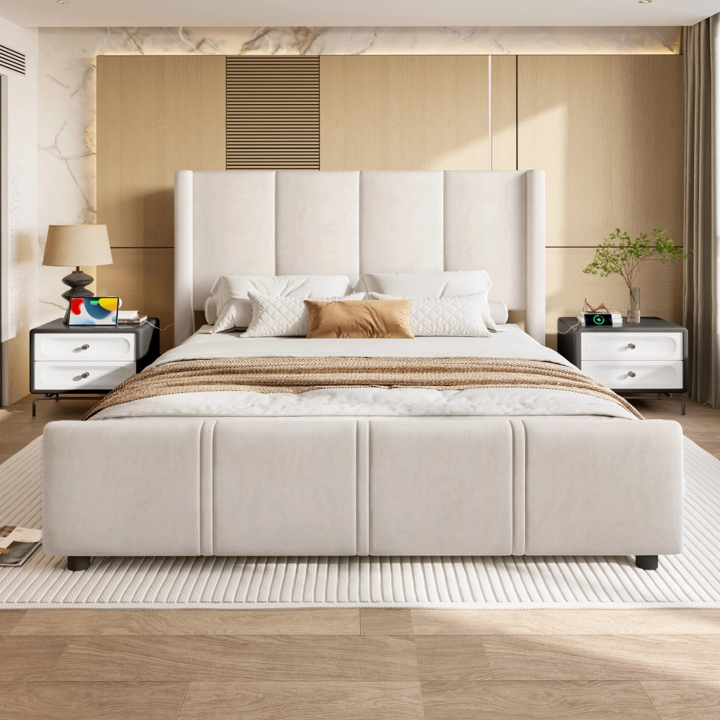 LETTO imbottito 140x200 cm velluto beige con USB