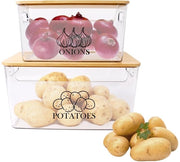 Asta per verdure, contenitore per patate e cipolle in acrilato trasparente con coperchio in bambù, 2 pezzi