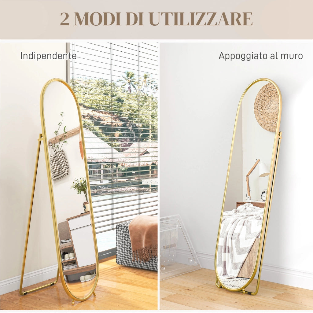 Specchio da Terra Ovale con Supporto ¨C Minimal ¨C Vetro Metallo Oro 40x41x159