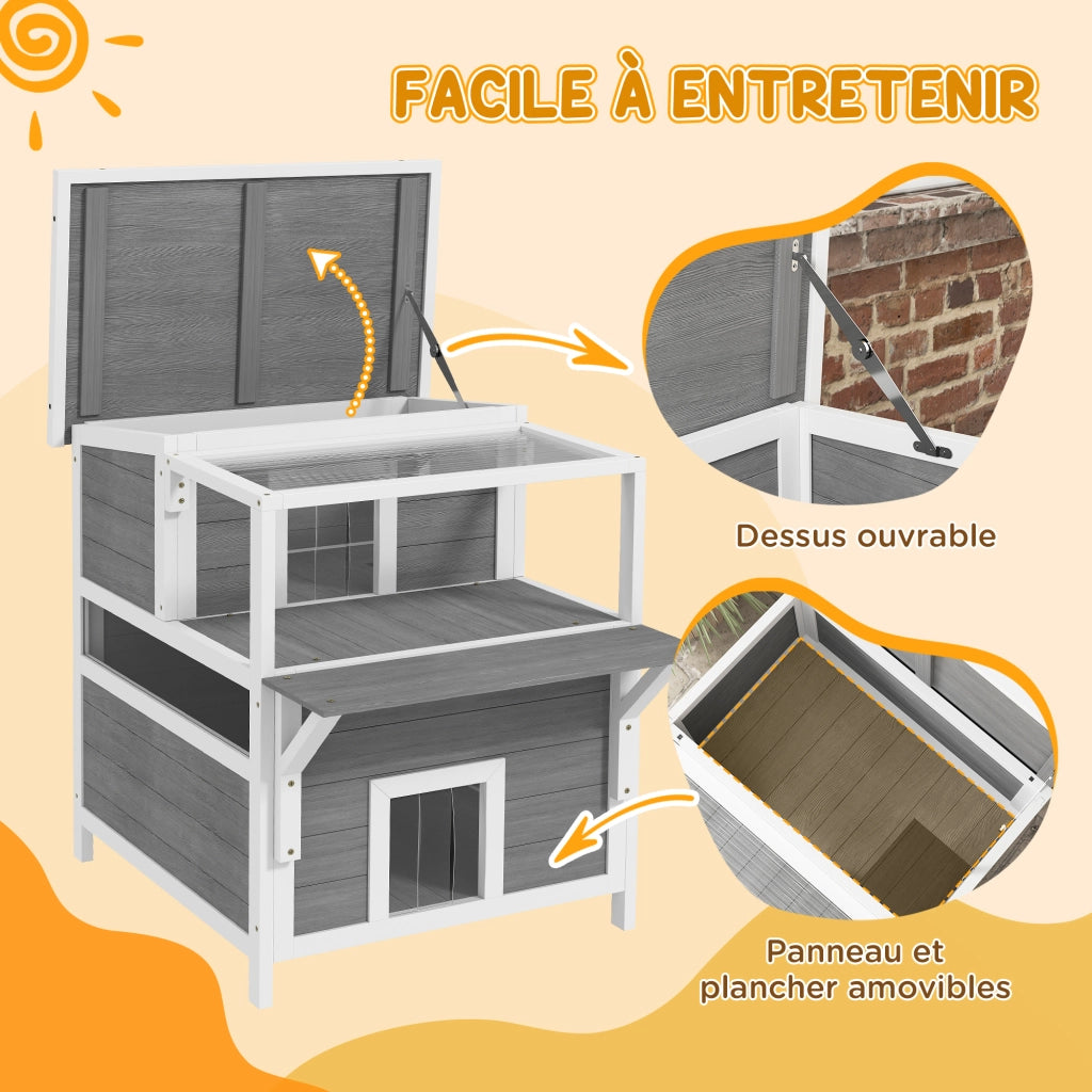 Casetta per gatti 2 livelli con balcone ¨C Xylo ¨C grigio chiaro