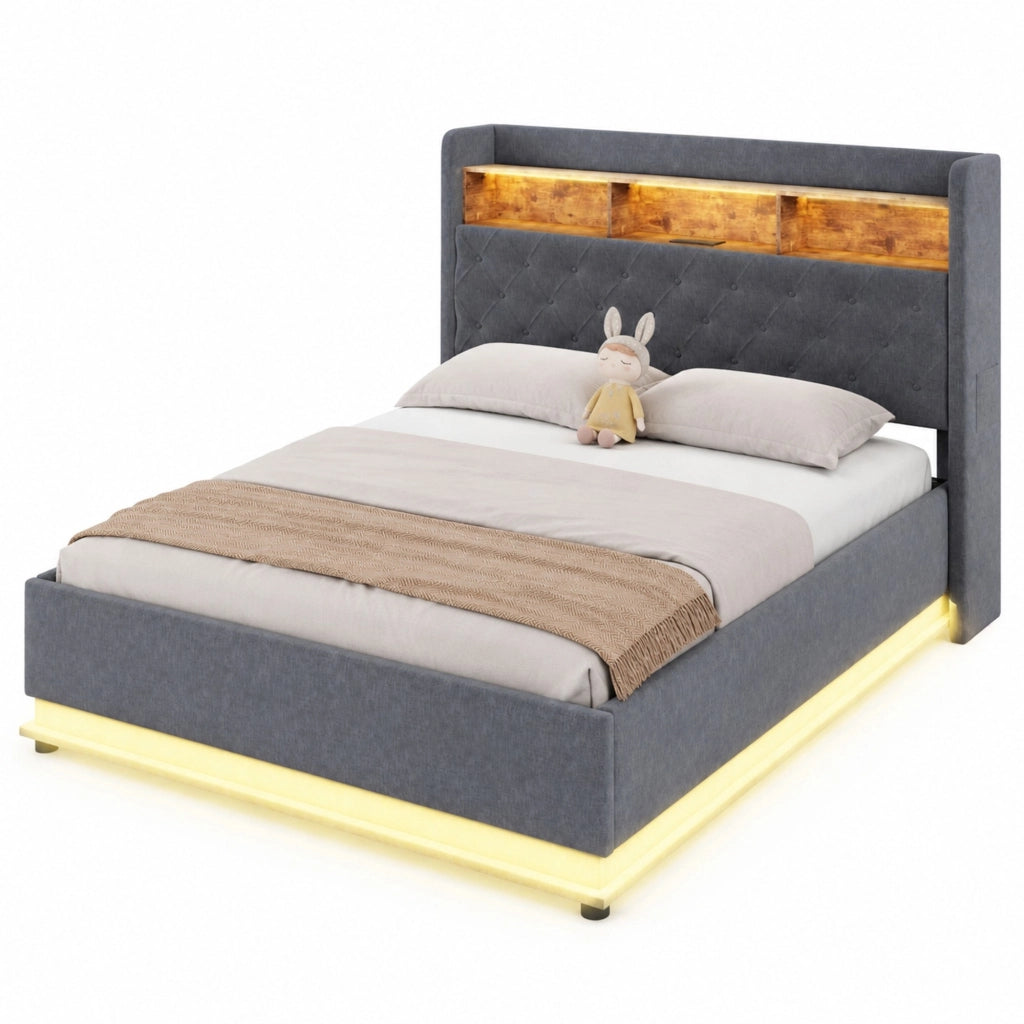 LETTO imbottito LED 160 x 200 cm grigio con USB e contenitore idraulico