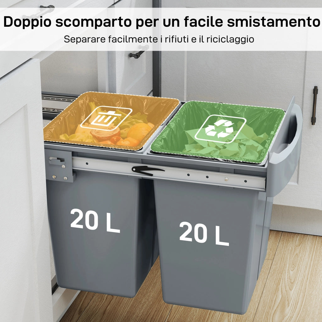 Pattumiera Estraibile Sottolavello per Differenziata 52x33.5x41 cm con 2 Secchi da 20L In PP e ABS Grigio