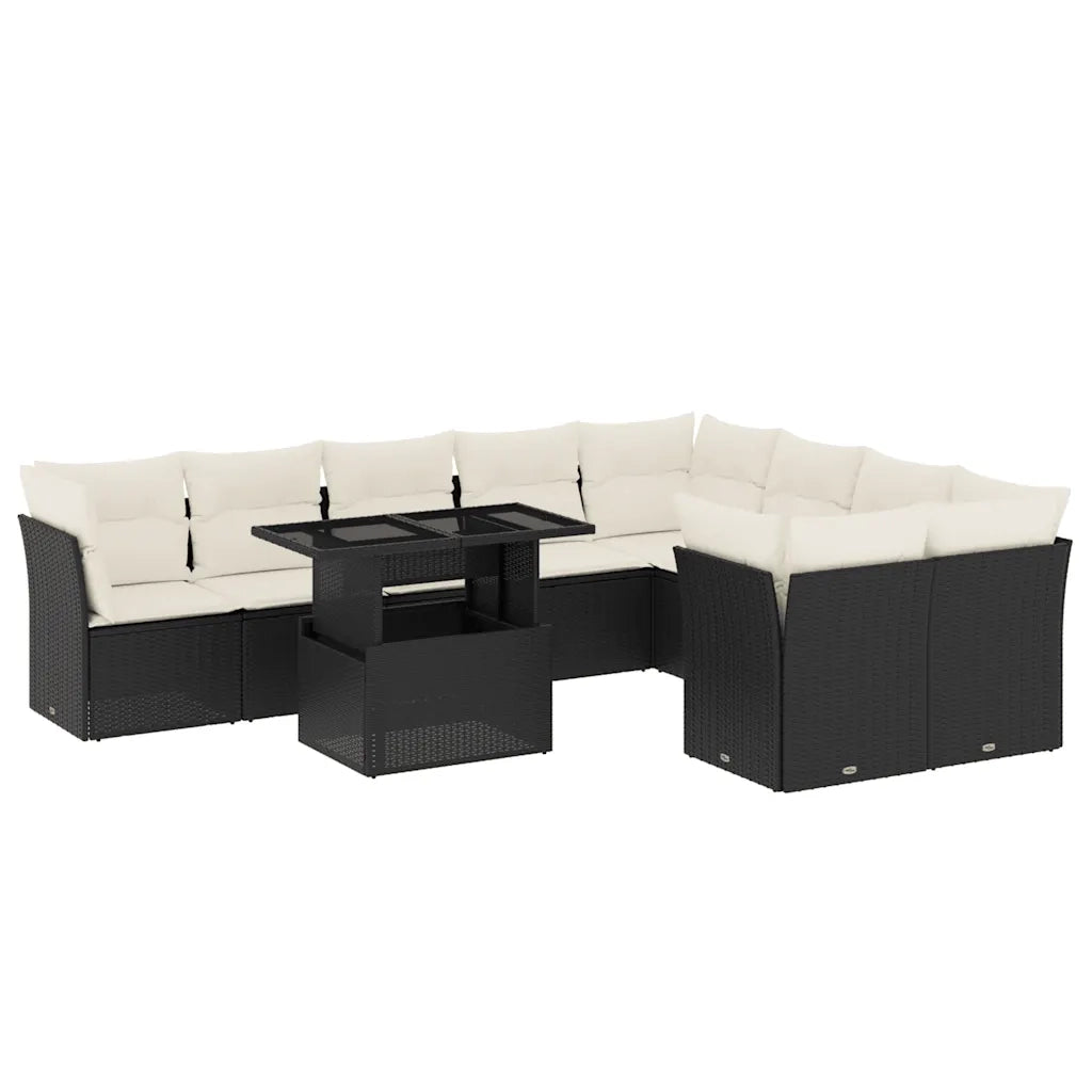 Set Divani da Giardino 10pz con Cuscini in Polyrattan Nero