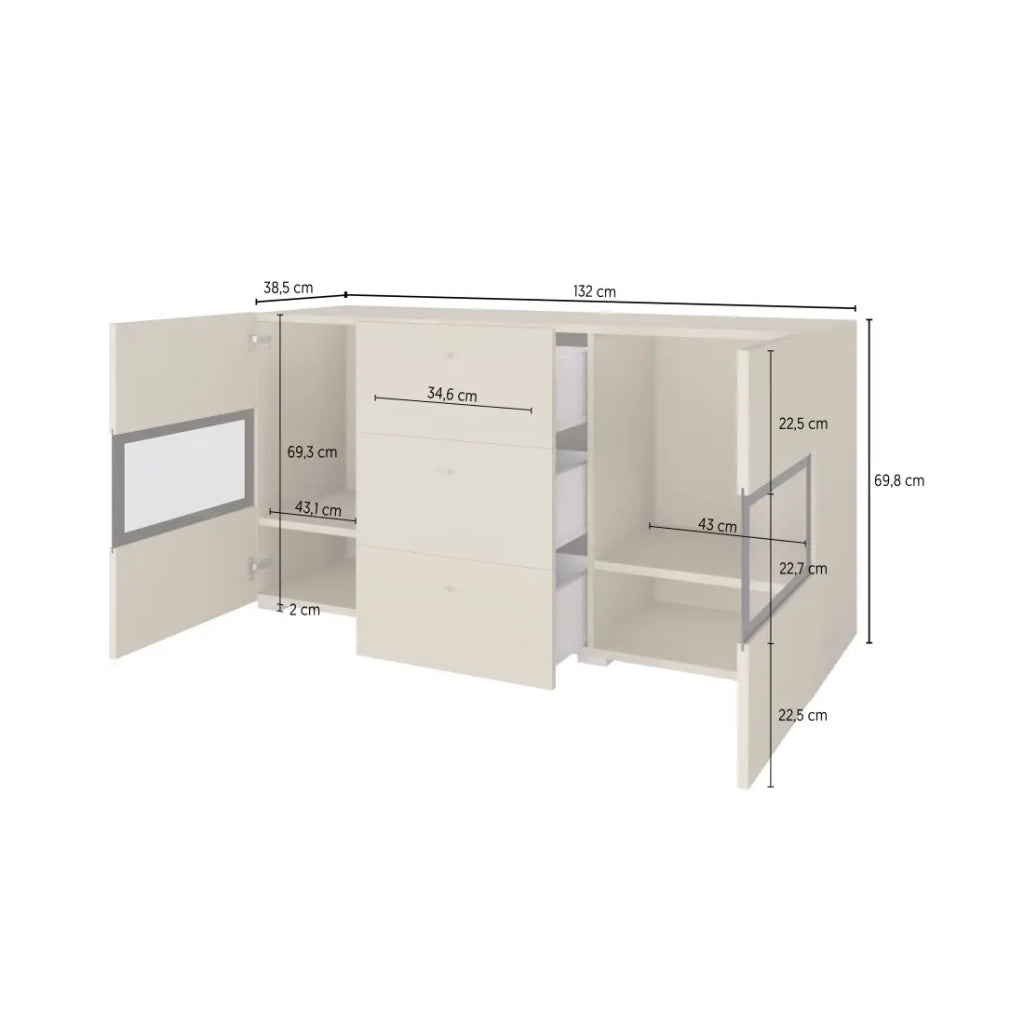 Buffet RAMOS – 2 porte in vetro + 3 cassetti – Color quercia e nero – Design contemporaneo – LED non inclusa