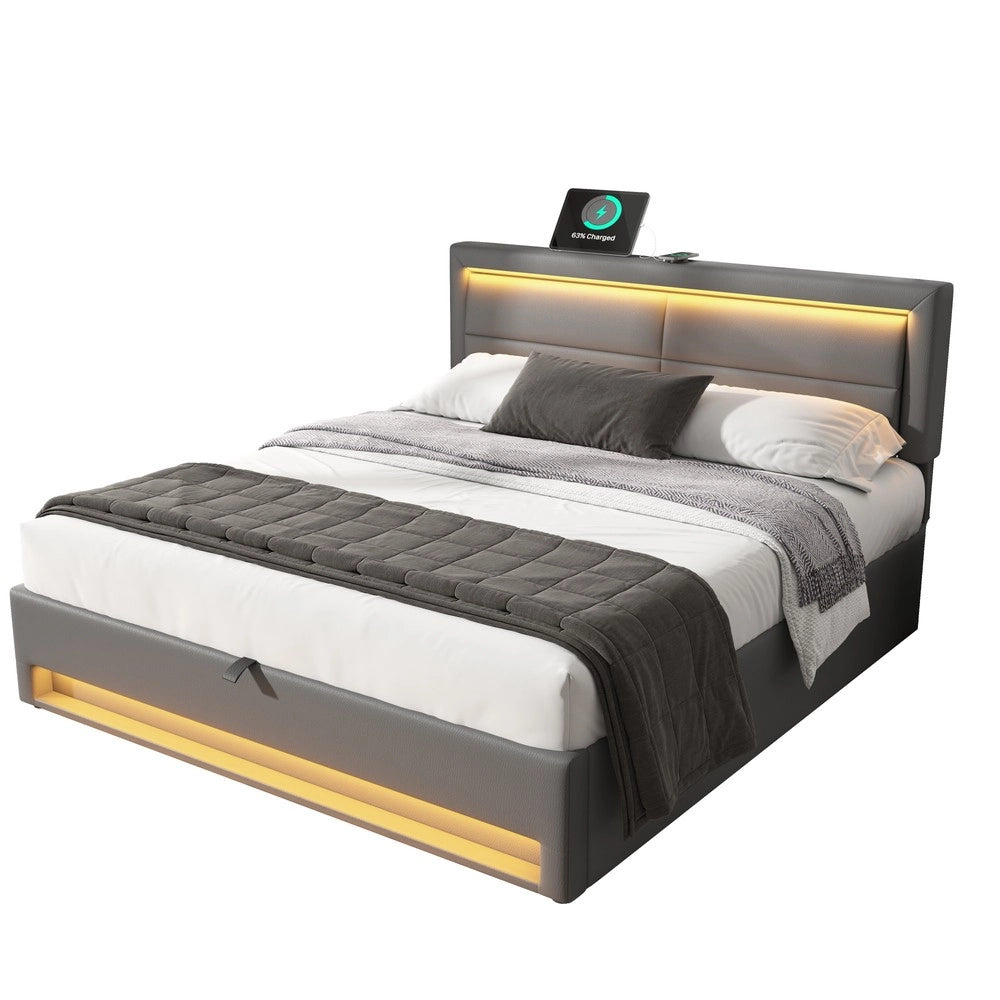 Letto Imbottito con LED e Contenitore ¨C Xylo ¨C Grigio, 140x190, USB
