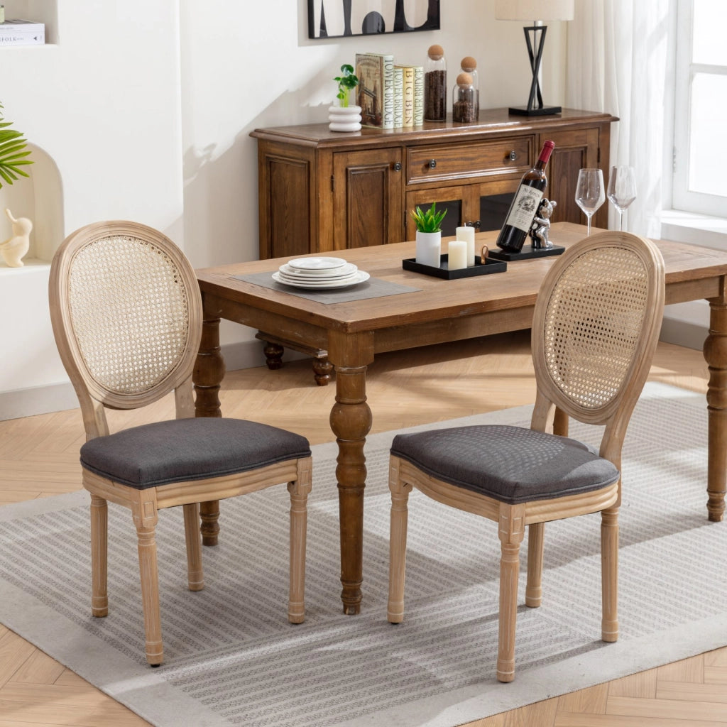 Sedie da Pranzo in Legno Massello con Schienale in Rattan ¨C Xylo ¨C Set 2 Pezzi, Tessuto Lino, Grigio