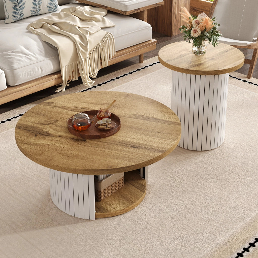 OKWISH Tavolini da Salotto Impilabili Rotondi Stile Nordico con Tavolo Principale e Tavolino Laterale, MDF, Naturale