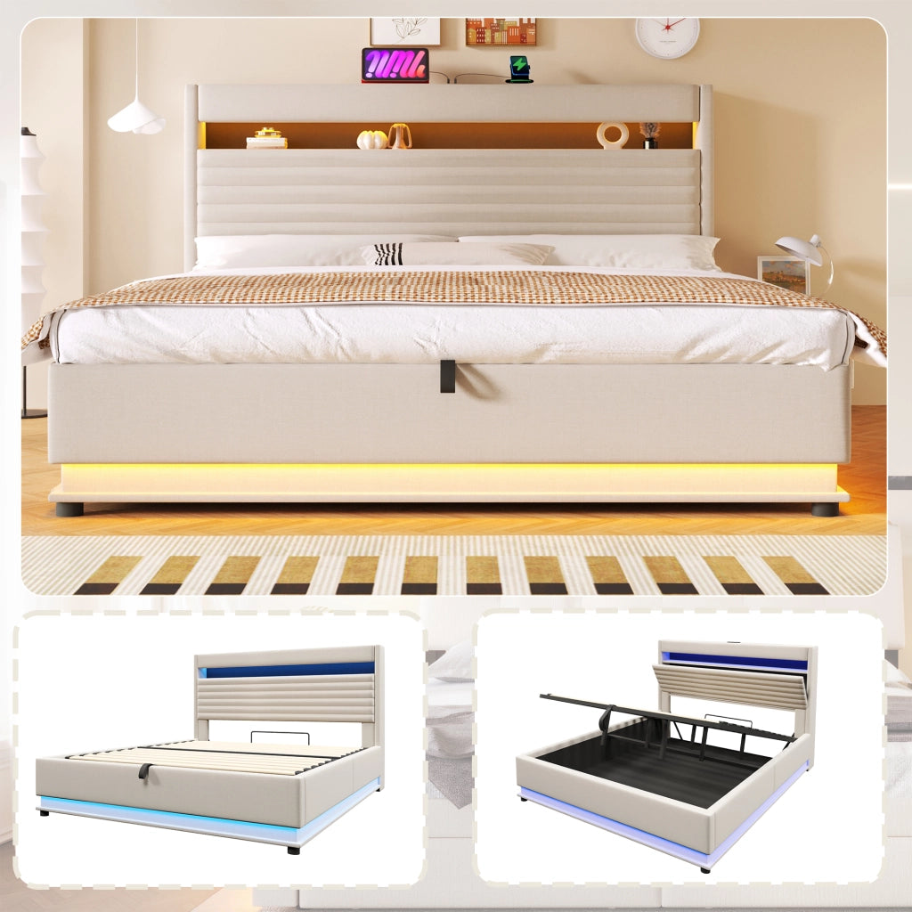 LETTO imbottito 180x200 cm in lino beige con LED, USB Type-C e vano contenitore