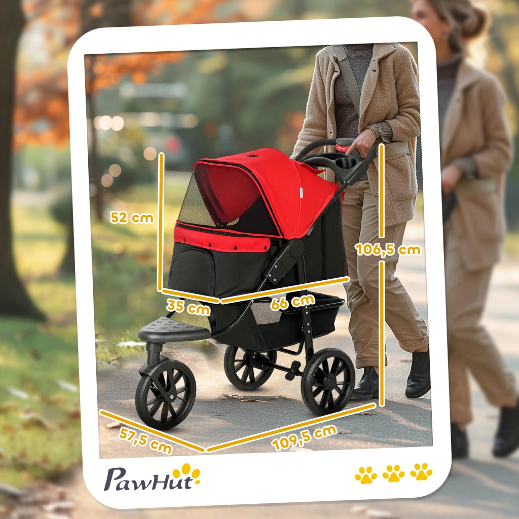 Passeggino per Cani a 3 Ruote ¨C Xylo ¨C con Finestre in Rete, Cestino Portaoggetti e Cinture di Sicurezza, 109,5x57,5x106,5 cm, Rosso