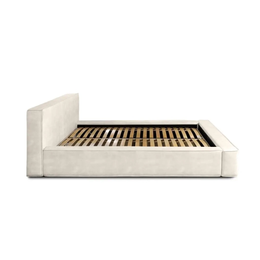 Letto contenitore VELORA – Perla – 180x200 cm – Tessuto velluto morbido – Rete sollevabile – Spazio di archiviazione integrato