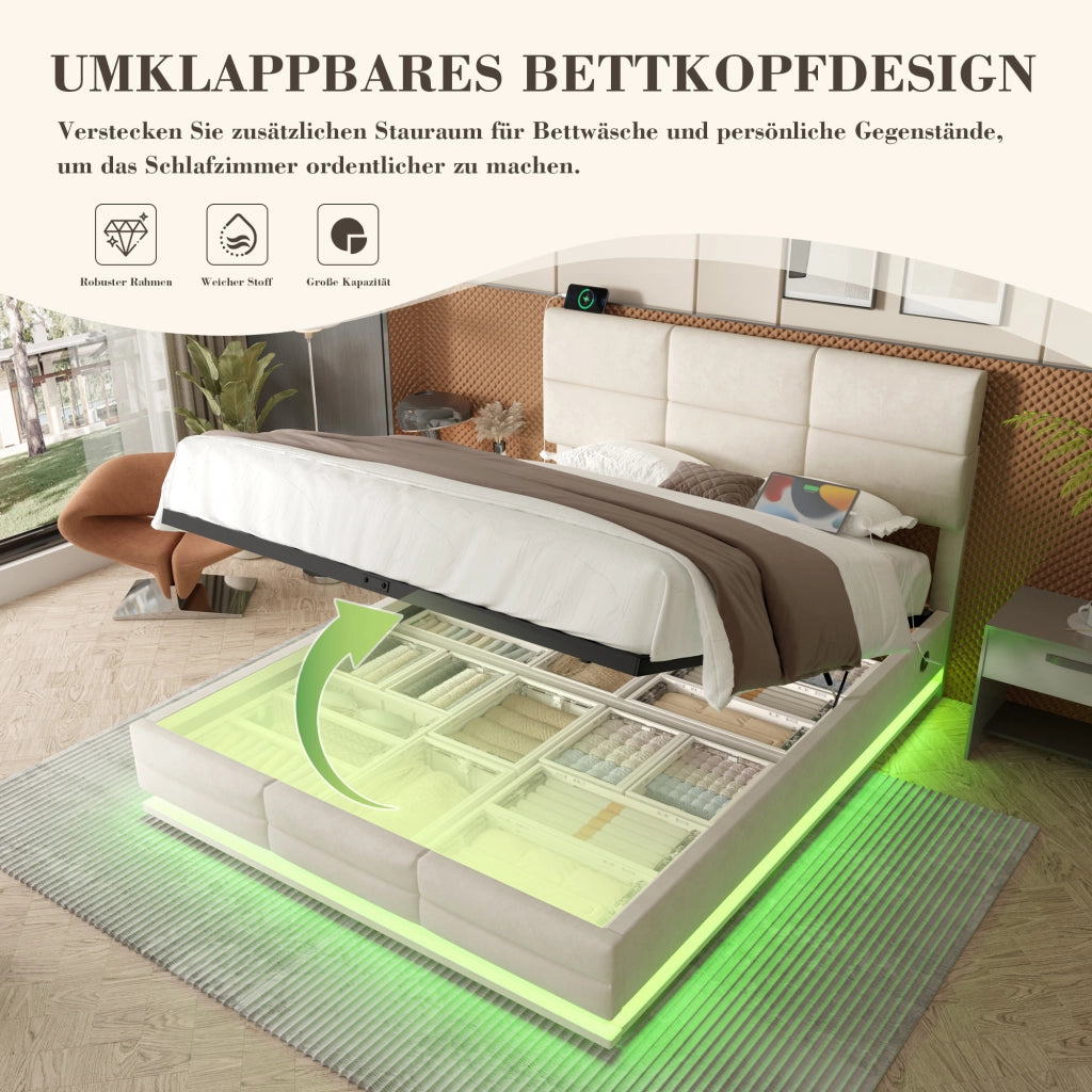 LETTO moderno 160x200 cm in velluto beige con LED, USB e contenitore