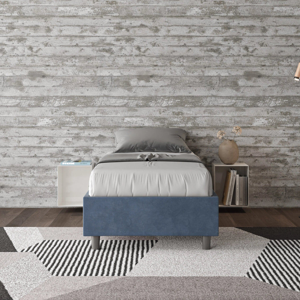 BS COM Letto singolo con rete imbottito 90x200 microfibra blu