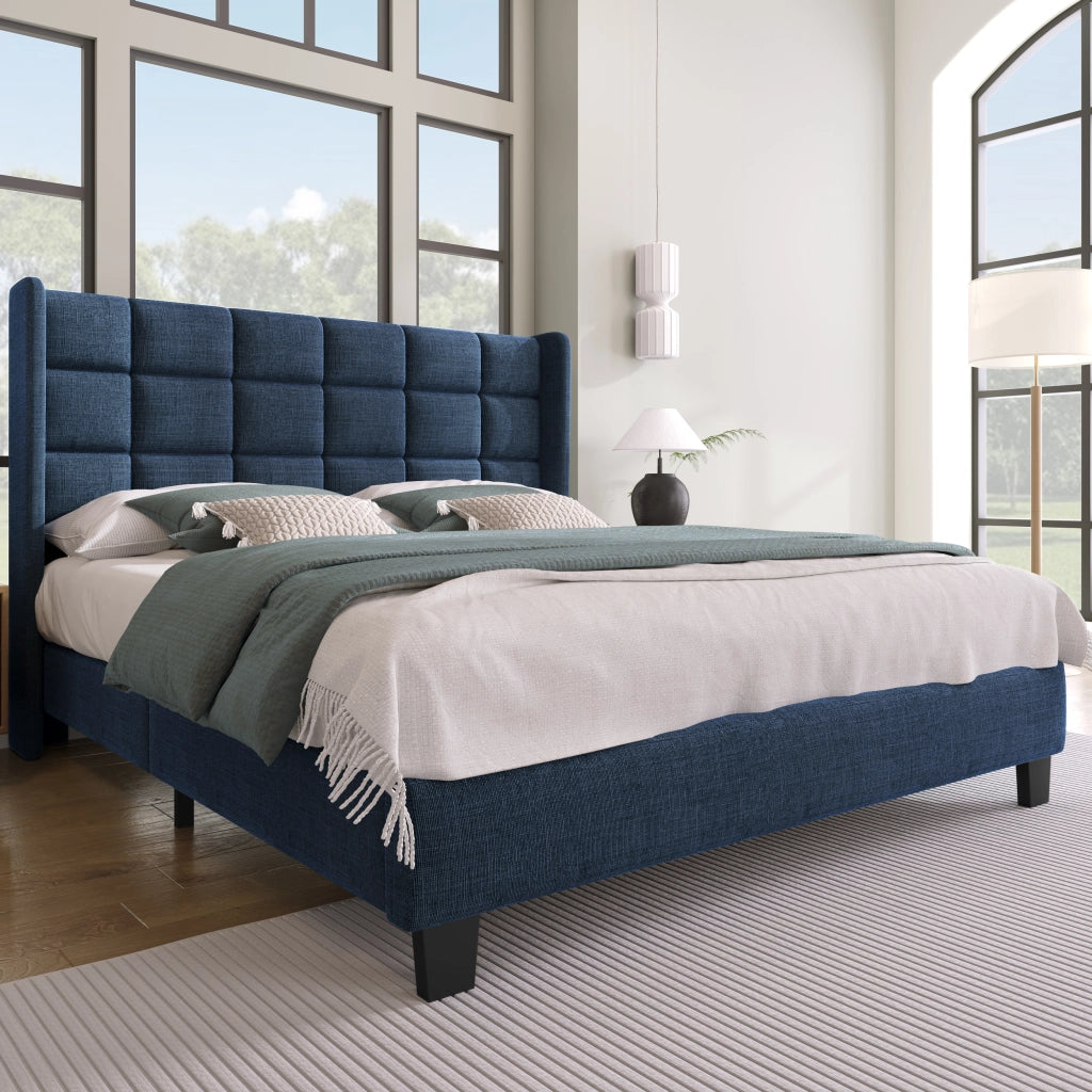 Letto matrimoniale – 140x200 cm – testiera imbottita rete – lino blu