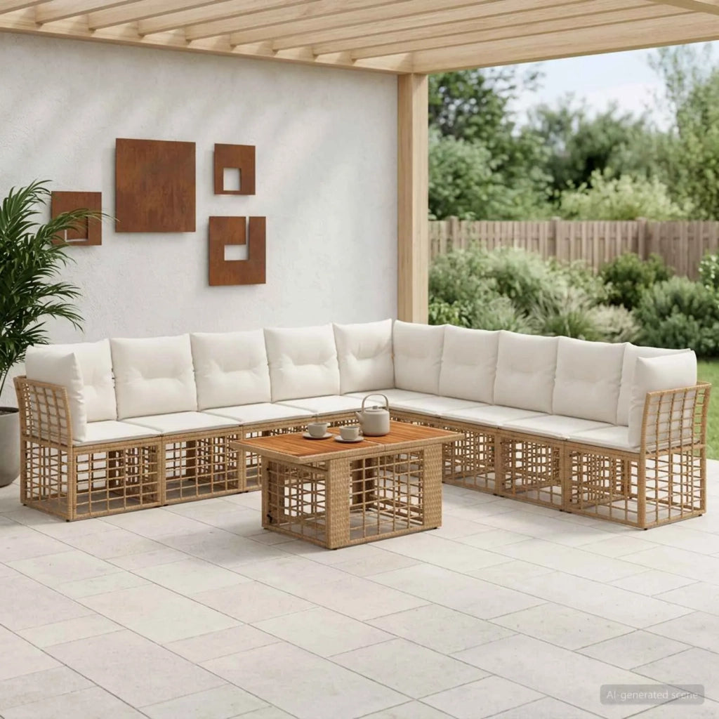 Set Divano da Giardino 10 pz Naturale e Bianco Crema polyrattan 3437874