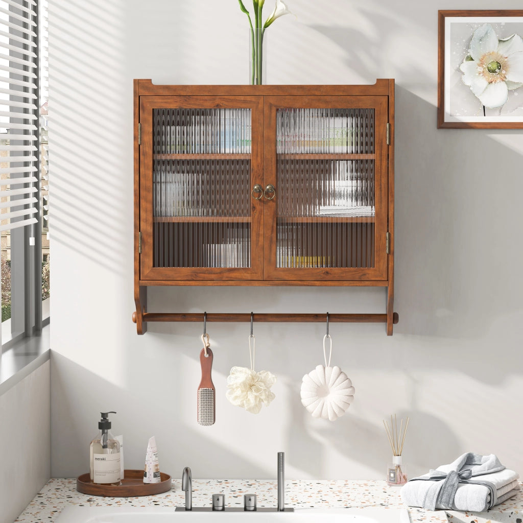 Mobile pensile vintage in legno e vetro marrone, con ante doppie, 3 ripiani e mensola porta asciugamani, 63 x 60 x 18 cm