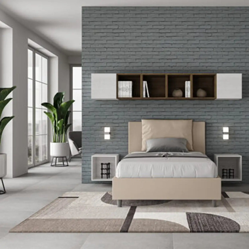 Letto una piazza e mezza contenitore imbottito 120x210 similpelle tortora Antea
