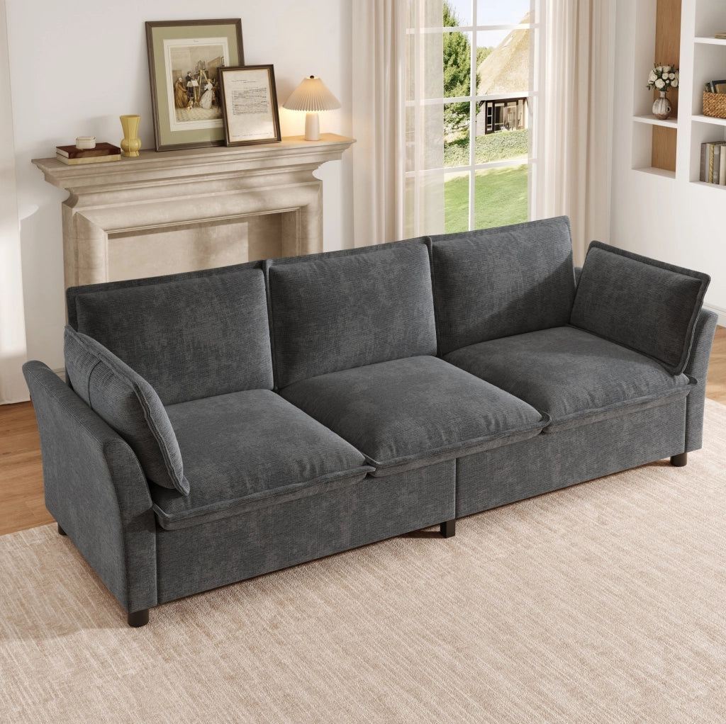 Divano modulare a 3 posti 220 cm in chenille grigio; con 2 cuscini bracciolo e struttura in metallo