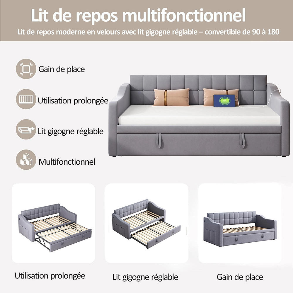 Divano 2 in 1 - Xylo - 90/180 cm velluto grigio USB