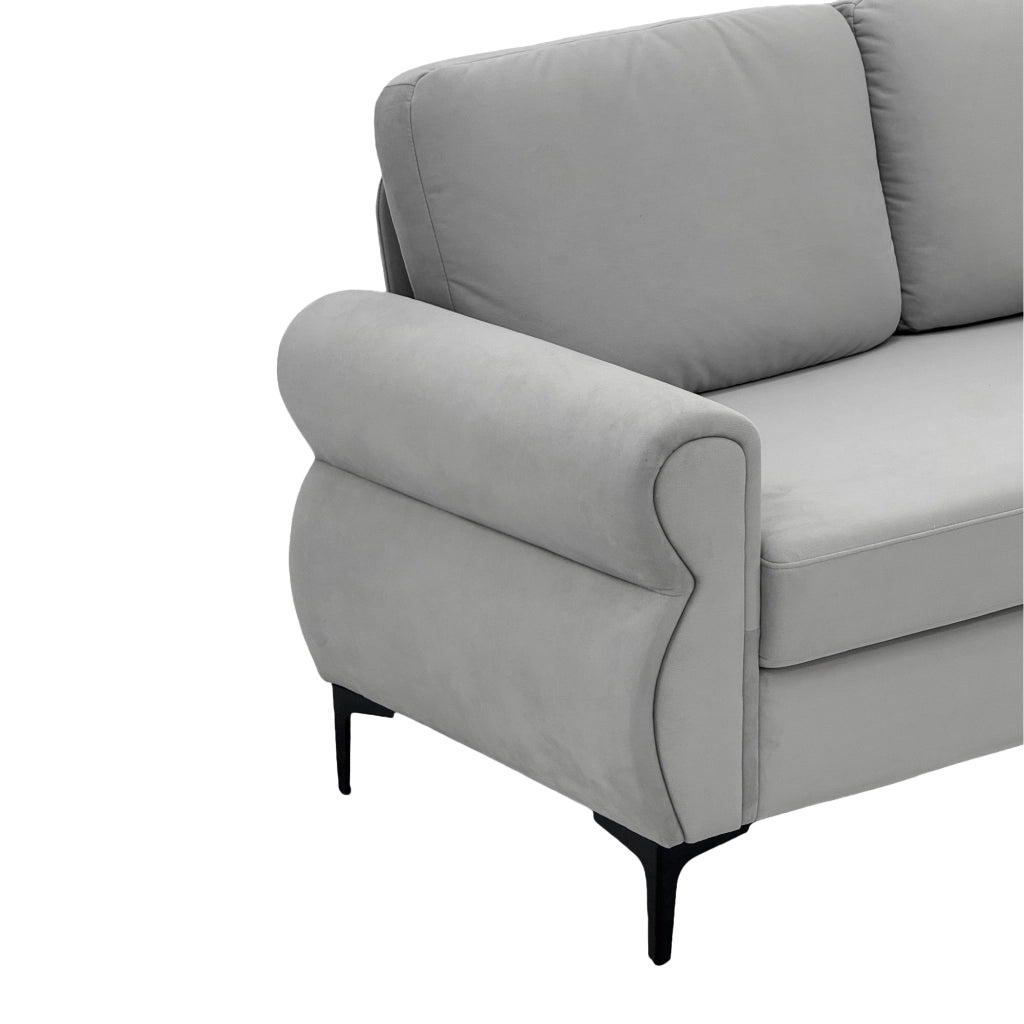 Divano in tessuto a pelo corto con cuscini sfoderabili e seduta ergonomica in metallo e legno grigio chiaro