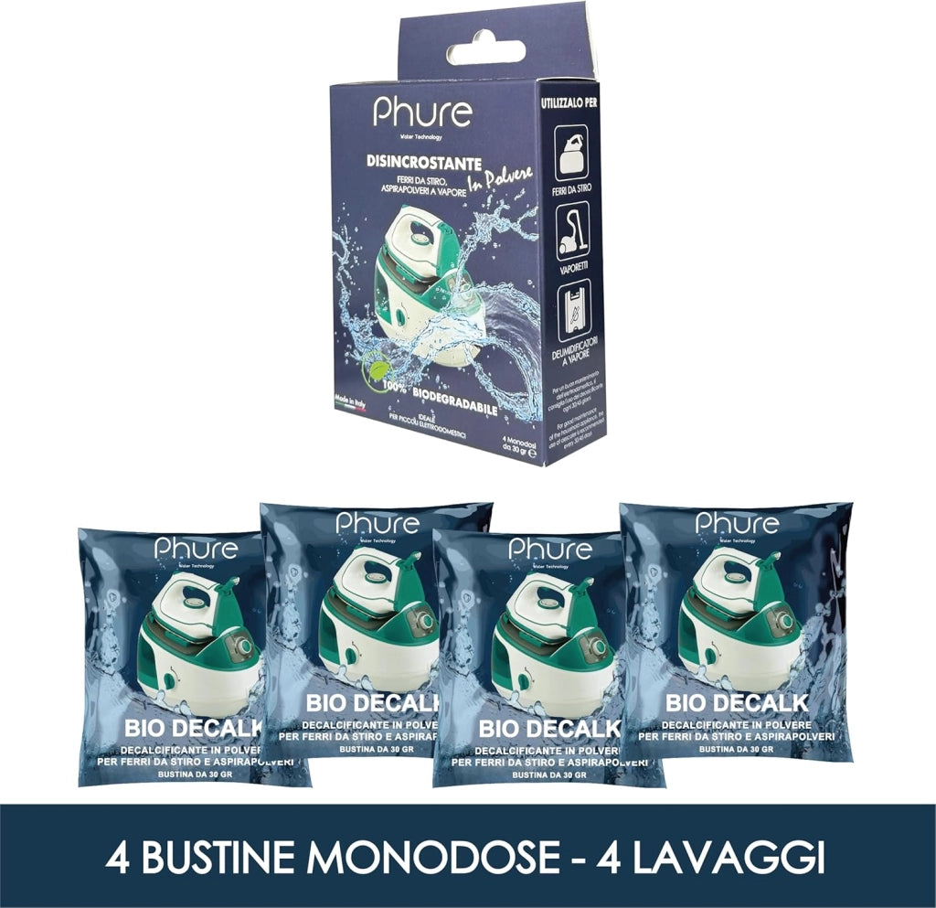 PHURE Decalcificante per Ferri da stiro, Aspirapolveri, Deumidificatori in Polvere Monodose, piccoli elettrodomestici, compatibile con tutte le marche 100% Biodegradabile, ECO Made in Italy, 4 Lavaggi