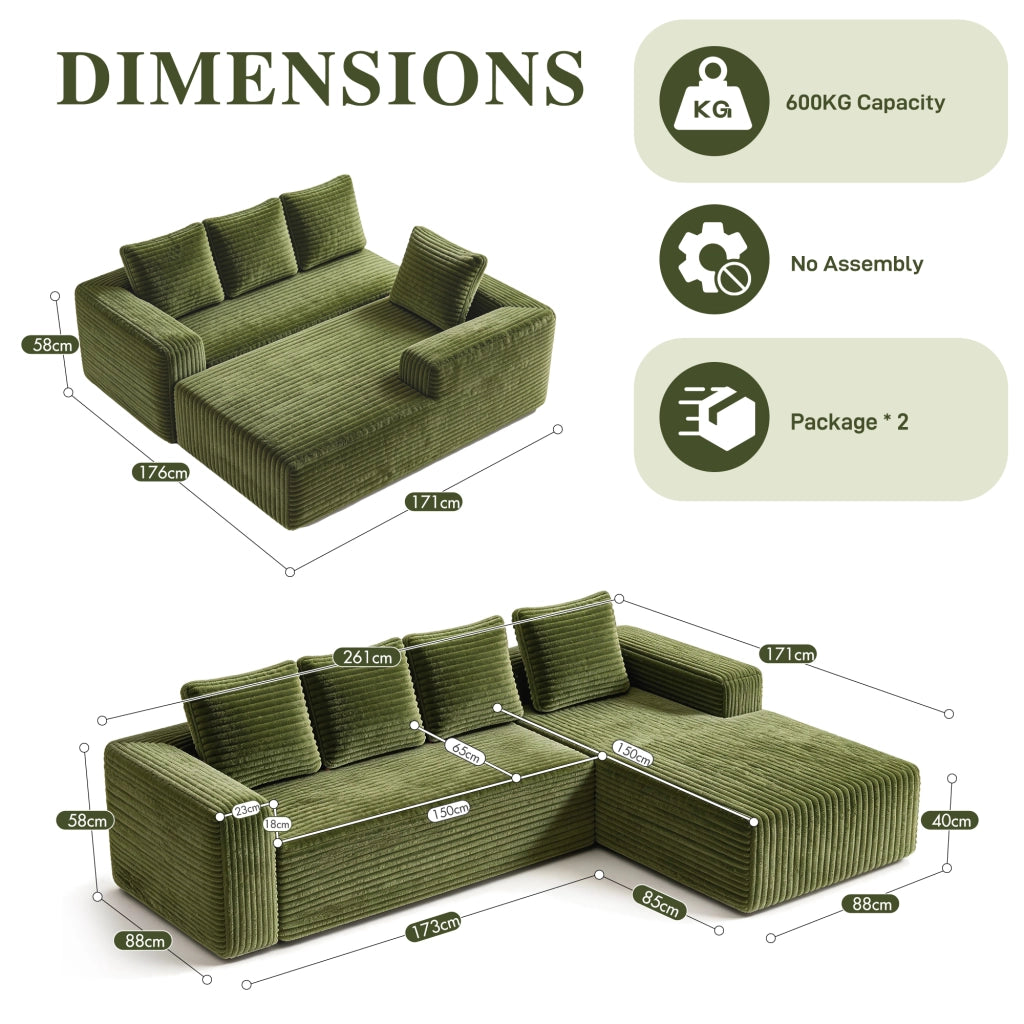Divano modulare angolare 2 pezzi - con chaise reversibile e seduta profonda - verde