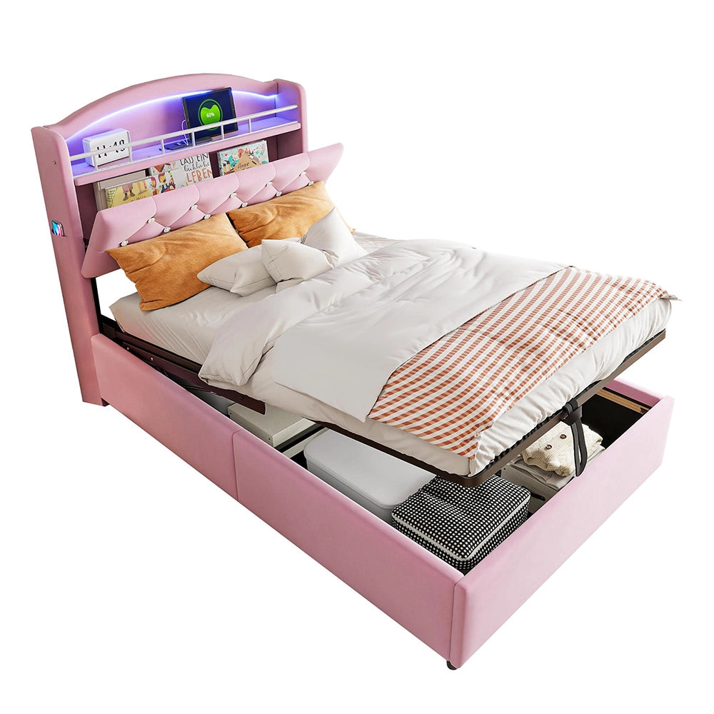 Letto bambino-Xylo-90x200 cm-LED, USB, spazio idraulico, velluto rosa