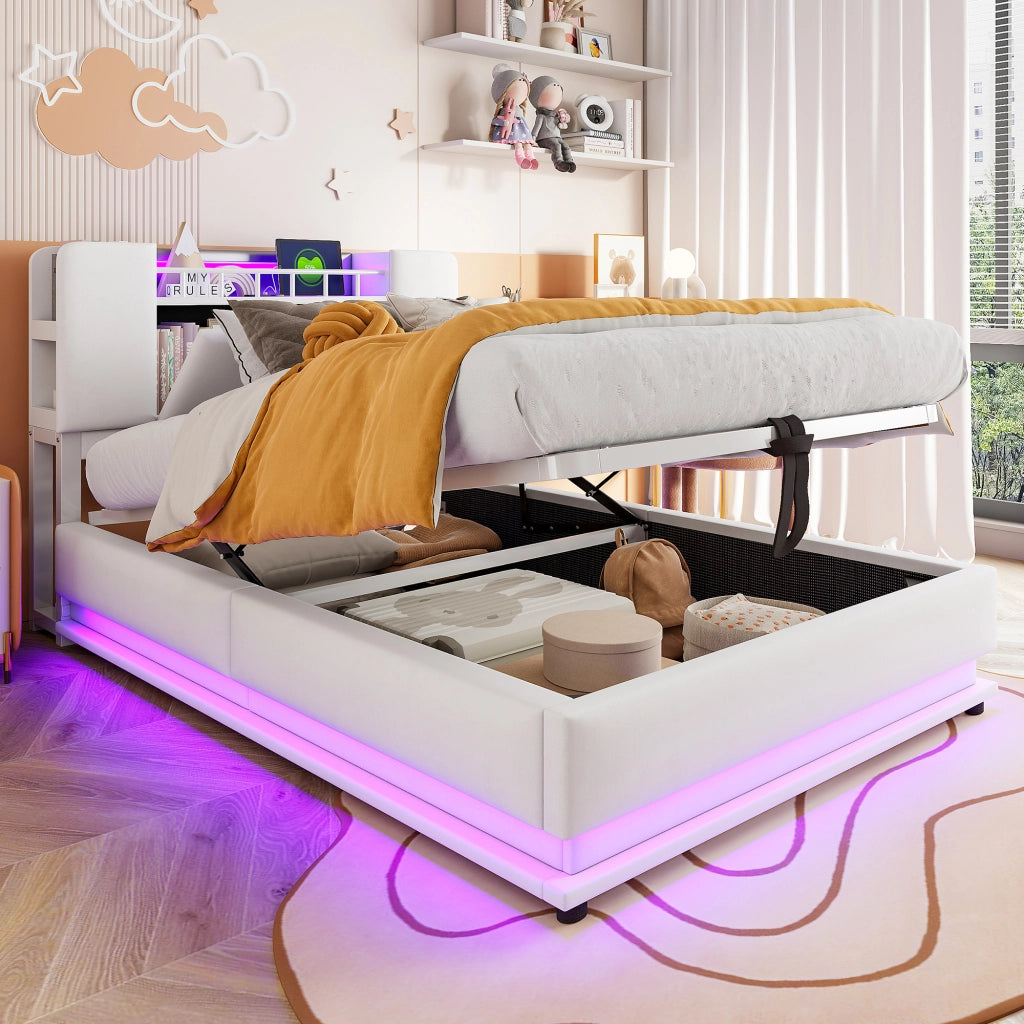 LETTO Polsterbett per bambini 90x200 cm Beige con LED, USB e contenitore