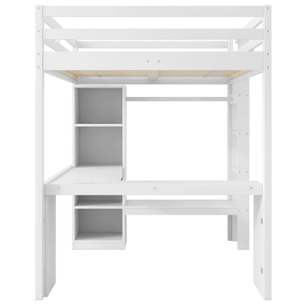Letto a soppalco 140x200 cm con scrivania integrata; ripiani LED e USB; bianco
